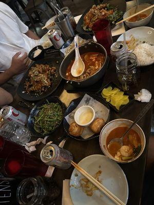 String beans, kangpoonggi, chili shrimp, fried squid, and soonduboo jjampong