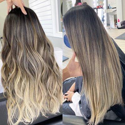 Check out this gorgeous balayage.  A properly blended balayage should be able to be worn straight or wavy.