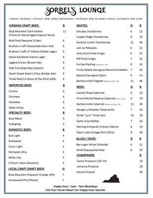 Beer and Wine List. We Offer a Wide Assortment of Rotating Local Beers. We Currently Featuring Blue Mountain and Hardywood on Draft.