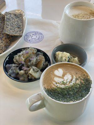 Seaweed latte and glad mave ("happy stomach" platter with potato salad, crispbread, and herbed butter)