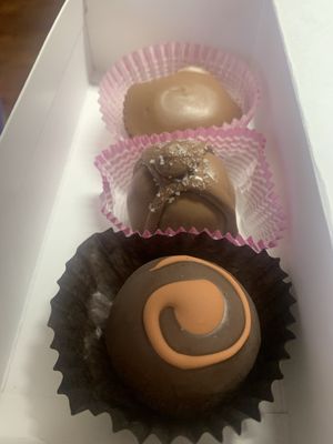 Delicious truffles - Bourbon, Salted Caramel, and a peanut butter cup. Yum!