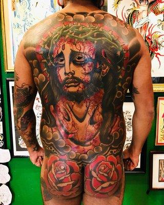 Traditional Jesus back piece by  Joe Courvier