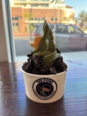 Matcha soft serve with Oreo topping