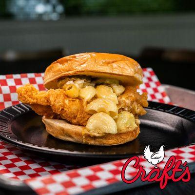 The Mac Stack!
 
 Fried chicken breast topped with mac n' cheese, pickles, and house made ranch