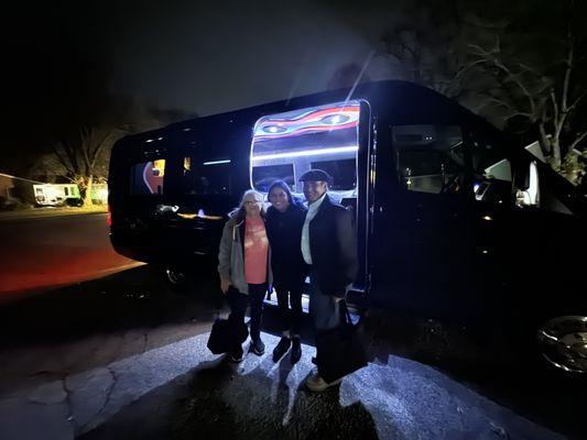 My family boarding a beautiful party bus for my father in laws "last trip"