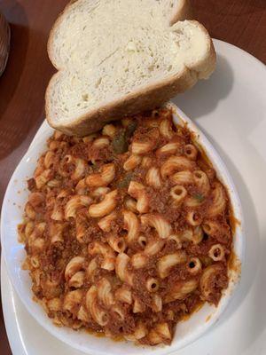 Monday night dinner special - goulash served with 1 side, bread, and dessert.