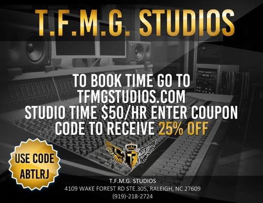 Use this code to save when booking your recording session on www.tfmgstudios.com