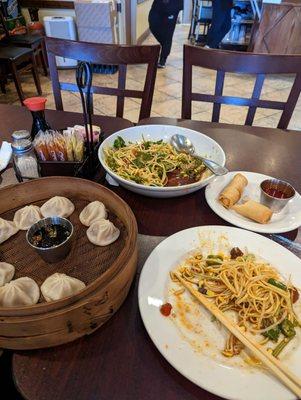 Cold Szechuan noodles, spring rolls, small steamed bun, Thai tea bolba ( not pictured).