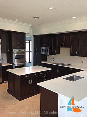 We are Stone Fabricators, we installed this white quartz kitchen countertops at The Bridges in Boca Raton, FL