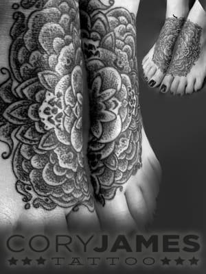 Foot tattoos by Cory James Mandala tattoos , geometric tattoos, dotwork , black and grey tattoo, Austin texas, Cory James Tattoo