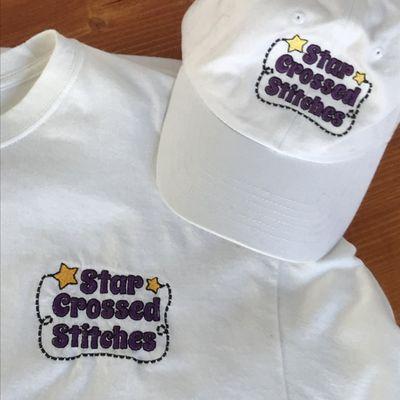 white shirt & cap set w/ Star- Crossed Stitches logo