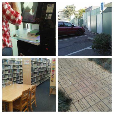 Self check-out kiosk, metered parking behind the library, well lit comfortable space, donor bricks line the library's entrance.