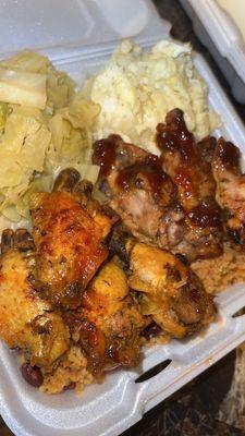 Main course! Puerto Rican dish  Rice and beans, potato salad, cooked cabbage and baked chicken wingz!