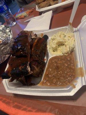 BBQ RIBS, POTATO SALAD, BEANS