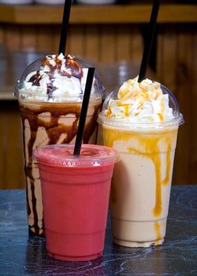 A mocha frap, caramel shake and strawberry smoothie