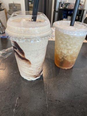 Sea salt peanut butter shake & peach tea