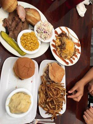 Brisket/Pork platter, sausage sandwich w/mash, burger n fries, loaded mac n cheese