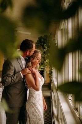 Wedding couple portrait inside at the Bethel Inn Resort in Bethel Maine