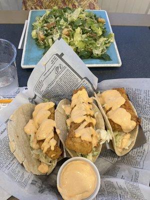 Fish tacos and Caesar salad