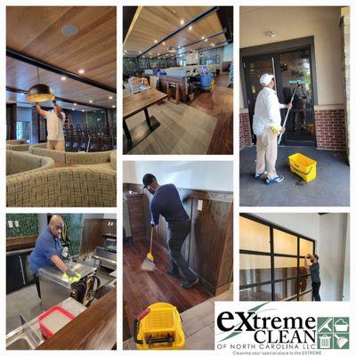 Team of us performing a post construction cleaning of a restaurant nearing it's grand opening!