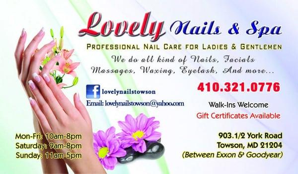 WELCOME   TO  LOVELY NAILS  &  SPA   AT   TOWSON
WINTER   SPECIALS  TO ALL MY CUSTOMERS GET 10%  TO 20% OFF