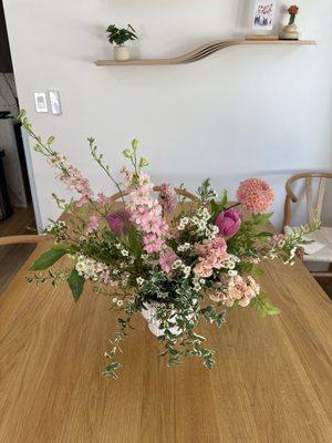 Birthday flowers for wife! Flowers that I didn't even know exist (Larkspur, Wax Flower, Pink Tulip, Dahlia)