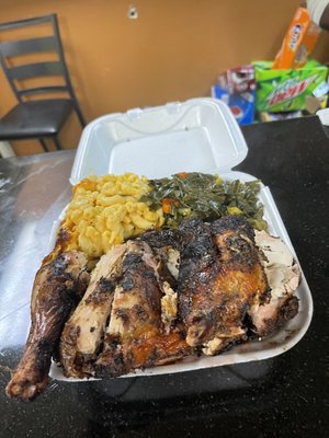 Jerk Chicken  Regular Mac and Cheese Collard Greens