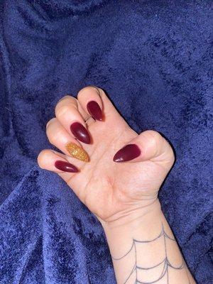 Stiletto mail dip; red and gold