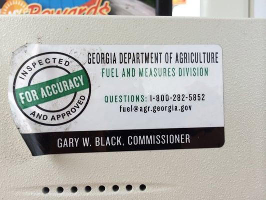 Georgia Dept of Agriculture, Fuel and Measures Div. sticker of approval & contact info