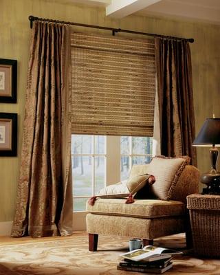 woven wood shade with fabric drape accents