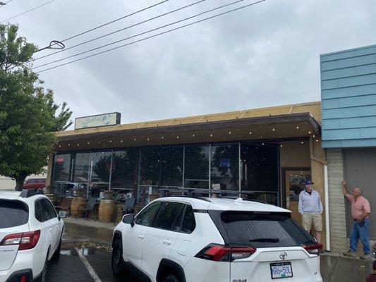 Front of restaurant on a rainy day