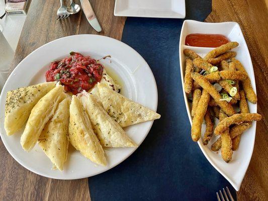 Whipped Brie ($13) and Fried Green Beans ($10).