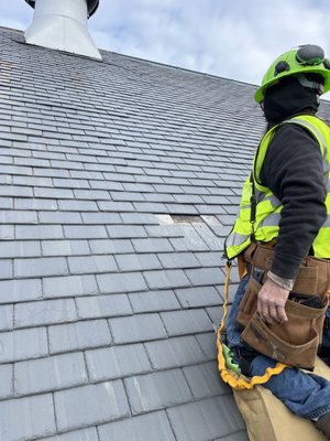 Slate roof repairs, Southbridge Townhall, Southbridge, Massachusetts, January 2023