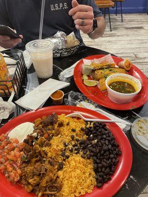 Top right is the birria tacos and my delicious burrito bowl Al pastor