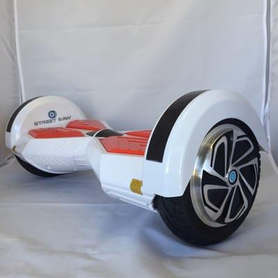 The AlienSaw in White with red pads and Bluetooth with RGB LED lights above the wheels.