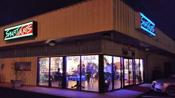 Salsa Dancing party in the Dance Studio - Love the sign - changes colors