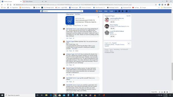 Screen cap of a Face Book discussion with Gail where she says my wife's death would be a good start for 80% C-19 mortality.