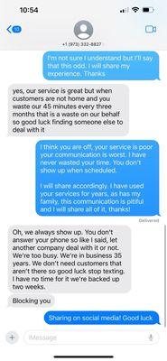 Text messages from the Owner Doreen of Aardvark Pest Control.