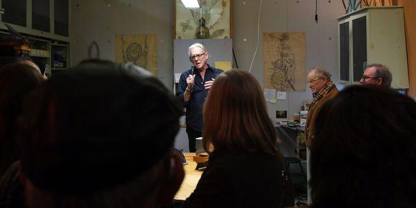 Thomas Mann gives speech at opening day of Gallery I/O, February 2019.