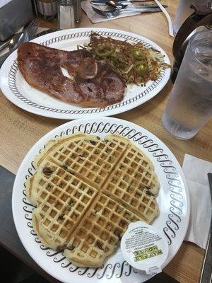 Pecan Waffle Country Ham hash browns Smothered & Peppered