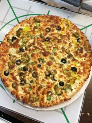 Freshly made veggie pizza with double cheese!