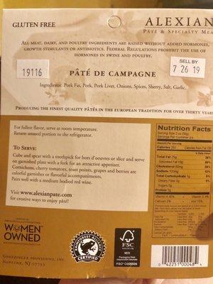 Back of the pâté package, all good ingredients I can read, no fillers, women owned co., ethical alliances - and it tastes amazing!