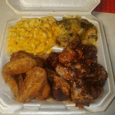 Rib tips. Chicken wings. Mac & cheese. Cabbage.