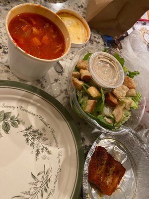 Salmon caesar salad and pasta fagioli soup