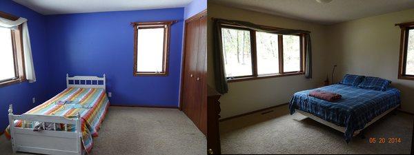 Before: A kid's bedroom. After: the neutral guest bedroom ready for potential buyers.