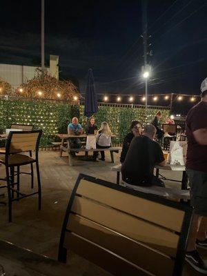 Outdoor seating with a food truck