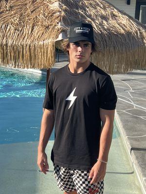 Lightning bolt logo hat and tee merch