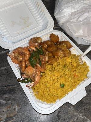 Rice, honey chicken, shrimp