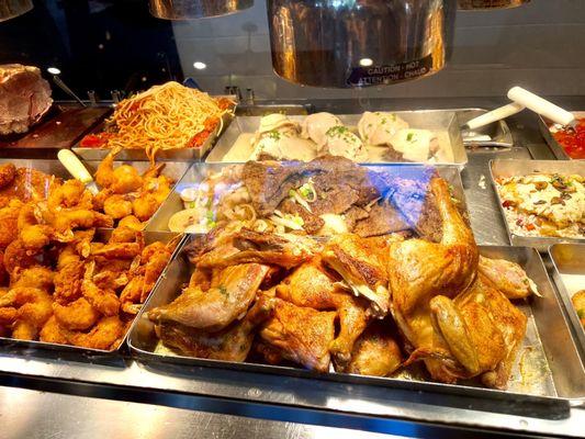 Baked chicken, Fried Shrimp, Spaghetti