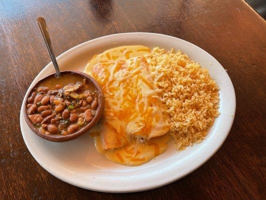 Create Your Own 
3 enchiladas, Your choice of beans and rice.